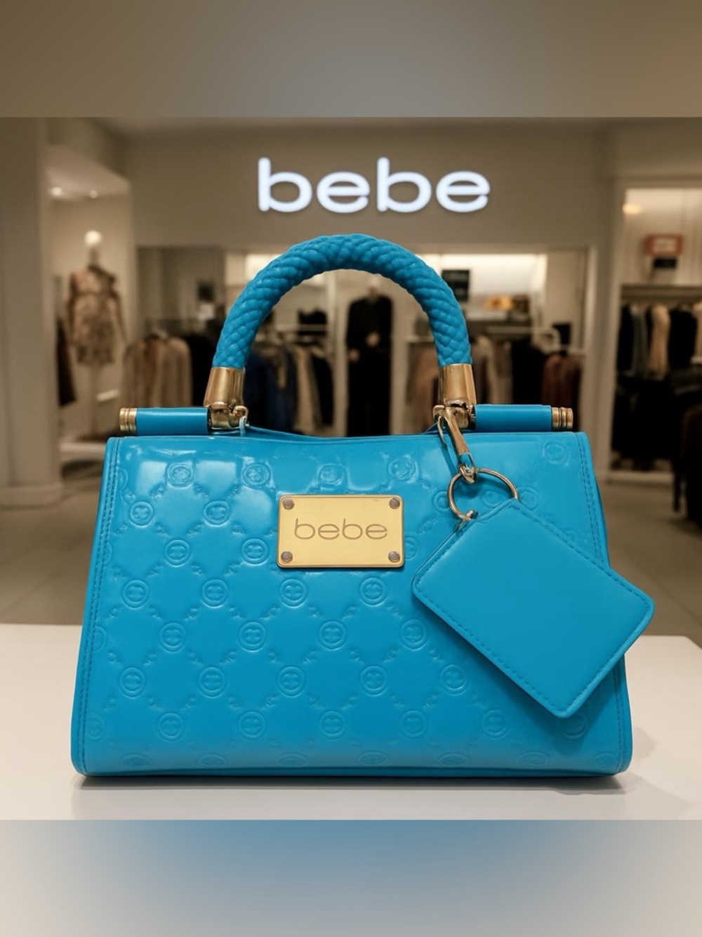 Bebe Patent Top-Handle Satchel in Bright Turquoise